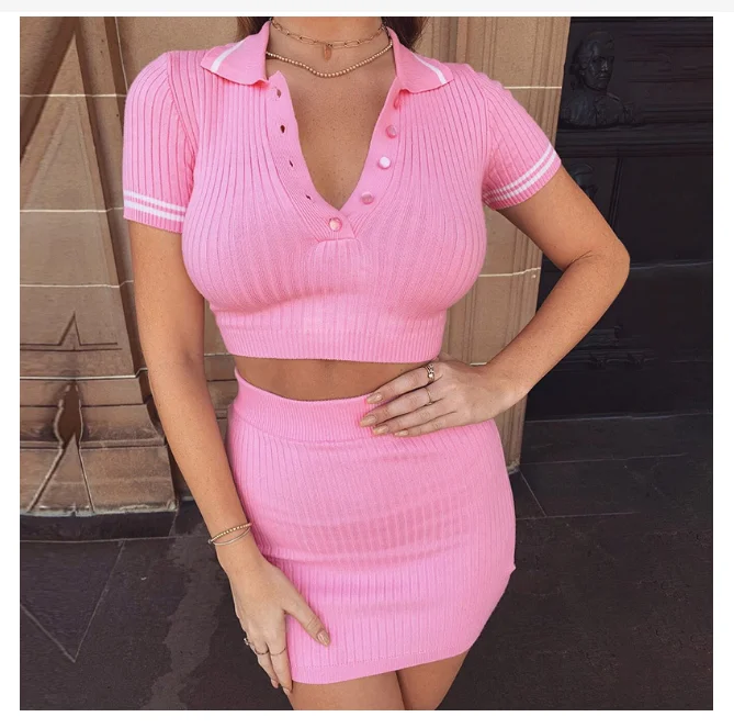 Knit Women\'s Skinny Crop Top Two Piece Set 2022 Spring New Polo Collar Short Sleeve Mini Skirt Sets Ladies Sexy Sweet Suits