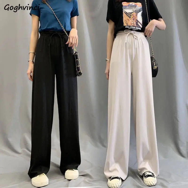 

Casual Pants Women Solid Summer Drape Mopping All-match Elegant Lace-up Elastic-waist Spring Long Trousers Korean Style Chic New