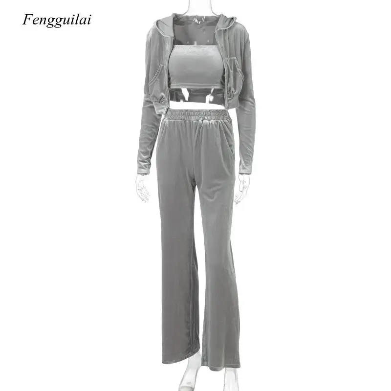 Velvet Women 3 Piece Set Hoodie Sweatshirt Zipper Tube Top High Waist Wide Leg Pants Tracksuit Sporty Casual Outfit