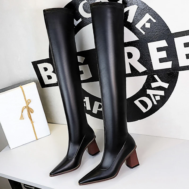 BIGTREE Shoes Sexy Over-the-knee Boots Women Shoes Pointed Toe Leather Boots Wood Grain Thick Heel Long Boots High-Heeled Boots