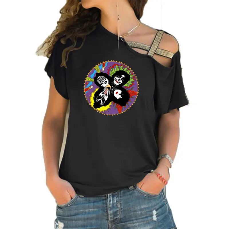 Kiss T Shirt Women Short Sleeve Vintage 1980 Rare Rock Band Concert tee 80\'s Girls T-shirt Irregular Skew Cross Bandage Tee Tops