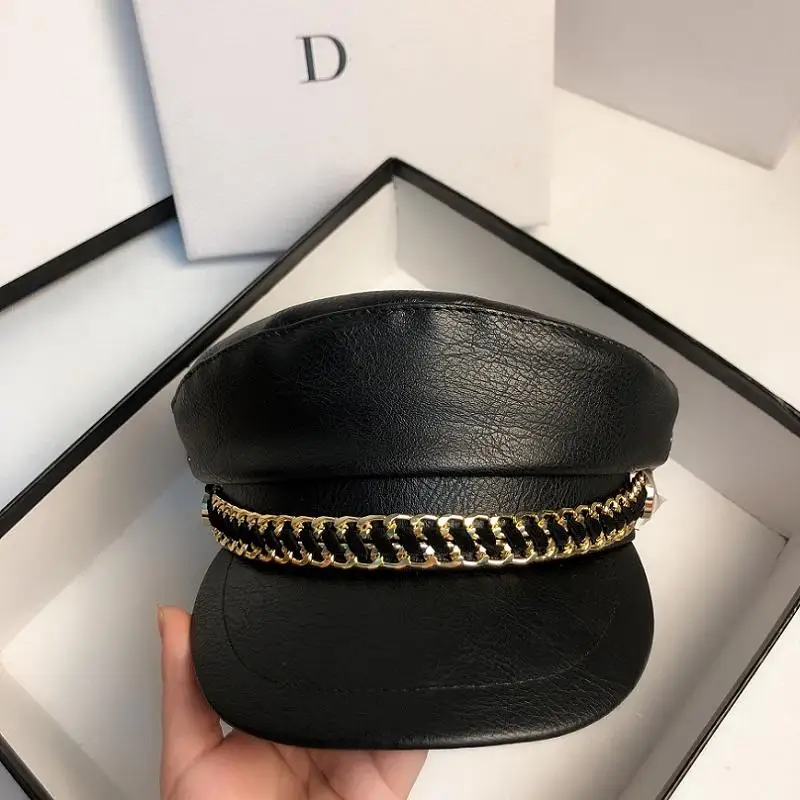 Autumn High Quality Black Leather Chain Octagonal Beret Hats for Women Navy Fashion Casual Retro Men\'s Winter Flat Peaked Cap