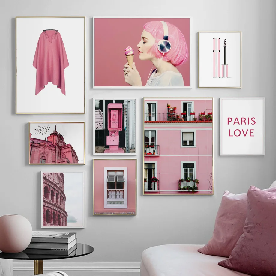 Pink Woman Dress Makeup Window Landscape Wall Art Canvas Painting Nordic Posters And Prints Wall Pictures For Living Room Decor