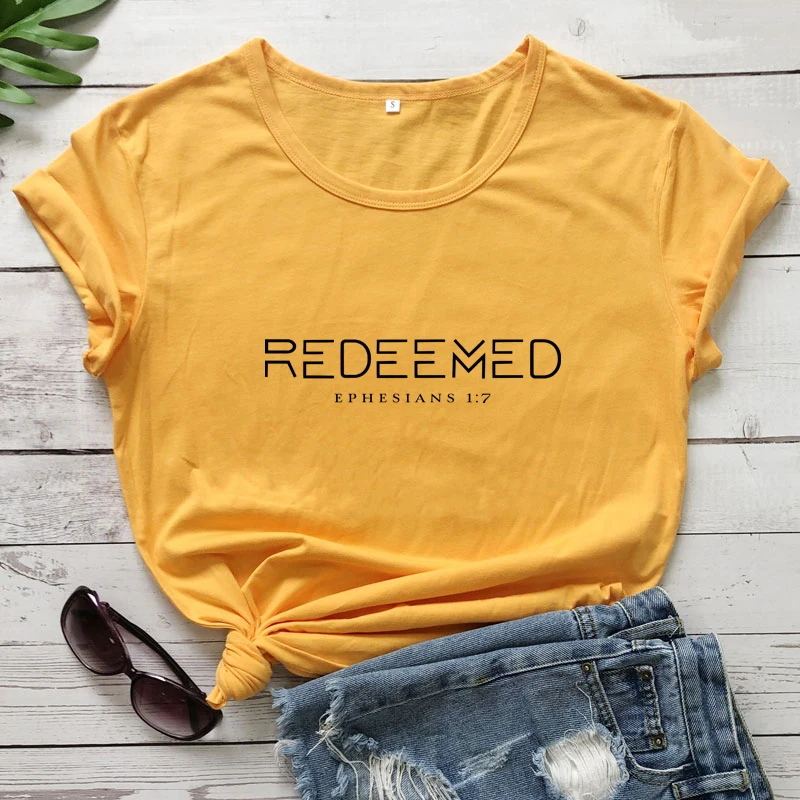 Redeemed Ephesians 1:7 T-shirt Women Catholic Christian Bible Verse Top Tee Casual Unisex Religion Jesus Faith Tshirt