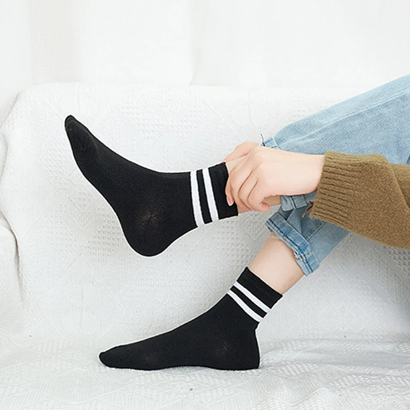 5 Pairs Fashion Women Socks Set 2 Bar Stripes Middle Tube Breathable Sports Long School Socks Pack Calcetines Skarpetki Damskie