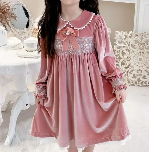 Bbaby girl winter vintage spagnolo smocking velvet princess dress kids court ricamato abito da festa di compleanno