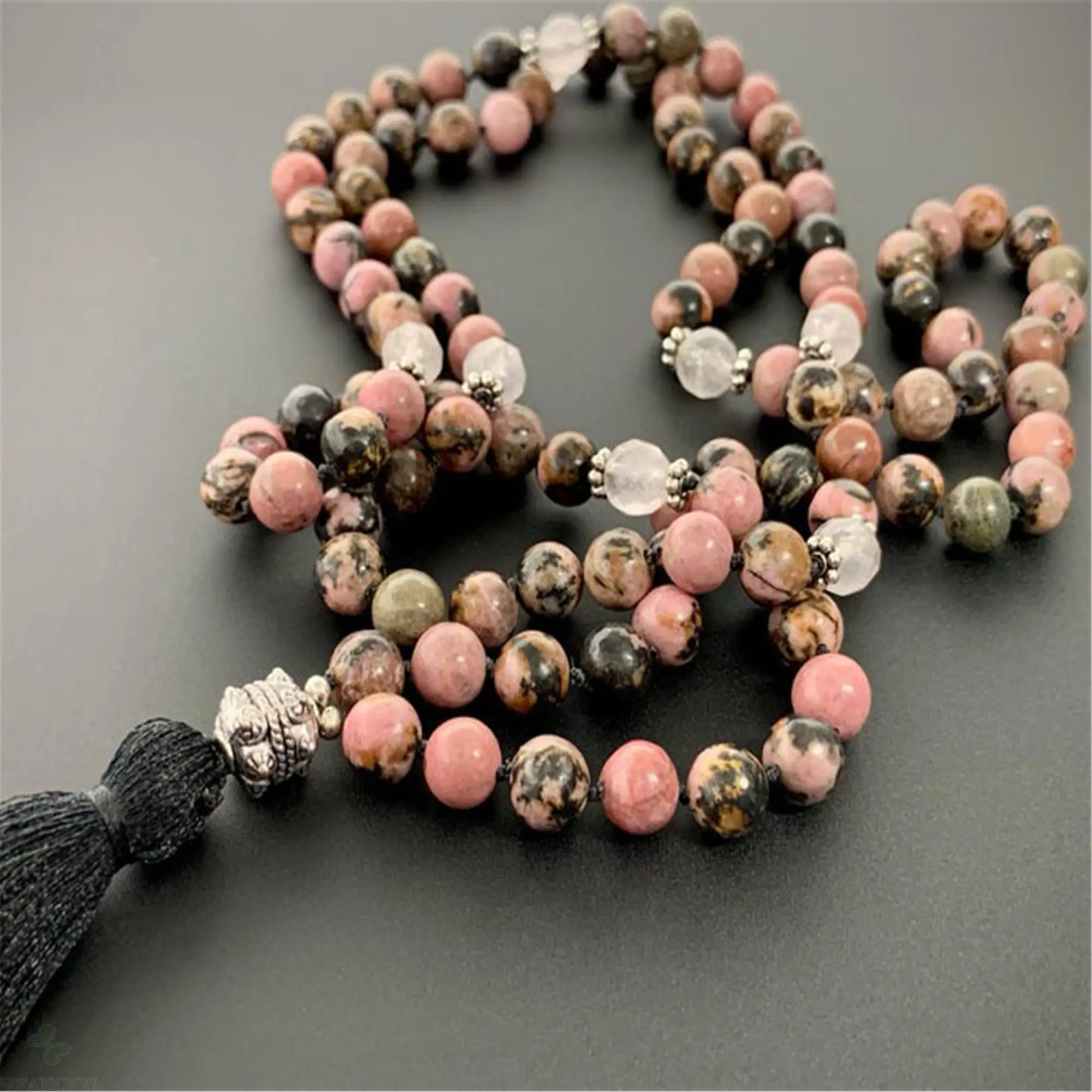 

8mm Natural Rhodochrosite 108 Beads Tassels Necklace Chakra Buddhist Handmade Yoga Stress Bless Mala Cuff Prayer