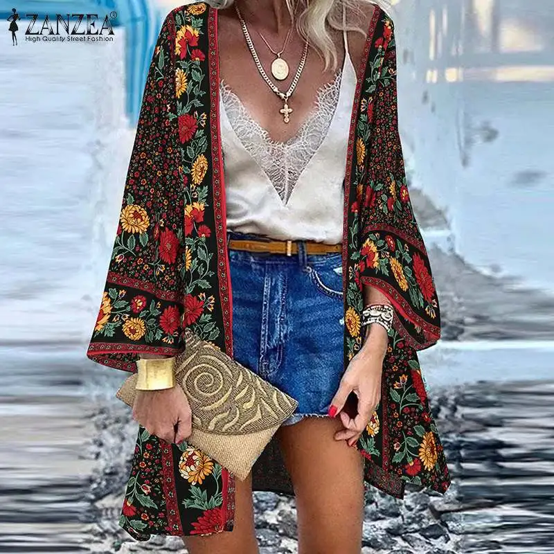 Summer Bohemian Beach Printed Cardigan Women Floral Long Sleeve Blouse ZANZEA Kimono Vintage Open Front Holiday Shirt Tunic Tops