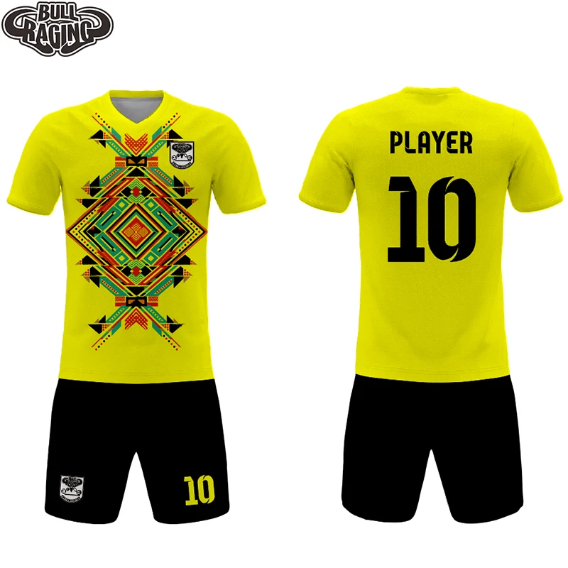 

custom ethnic style pattern yellow color sublimation soccer team jerseys uniforms