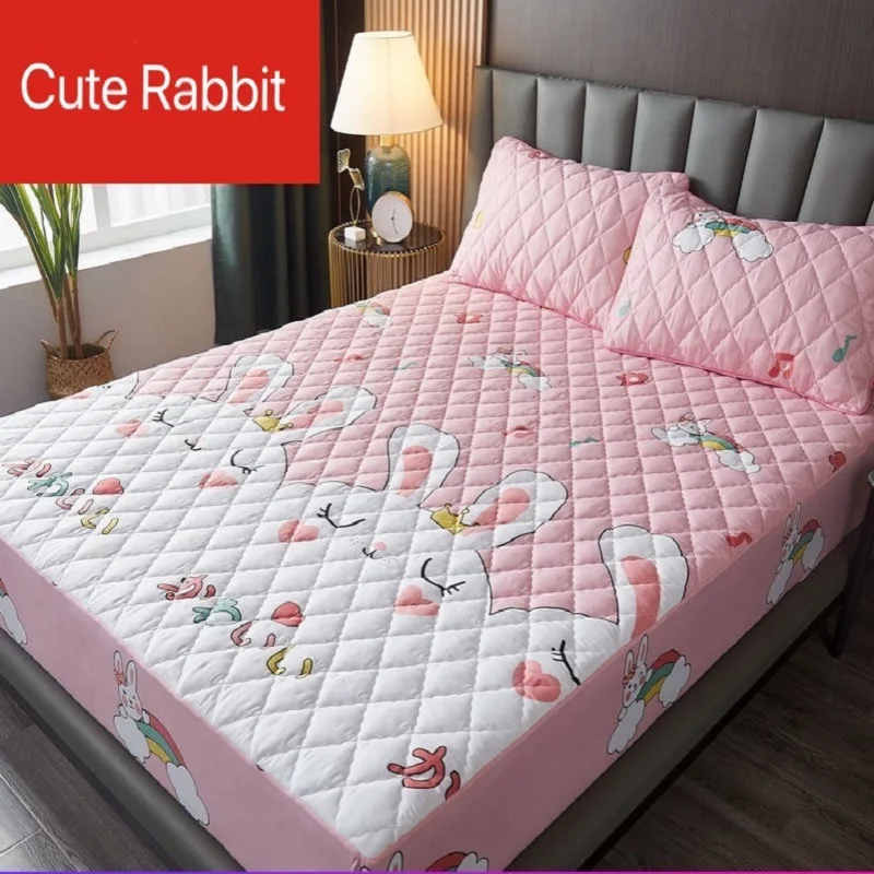 

Luxury Quilted Waterproof Mattress Cover Embroidered Fabric Lovely Cartoon Mattress Protector Soft Pad Home Bedroom Bed Decor