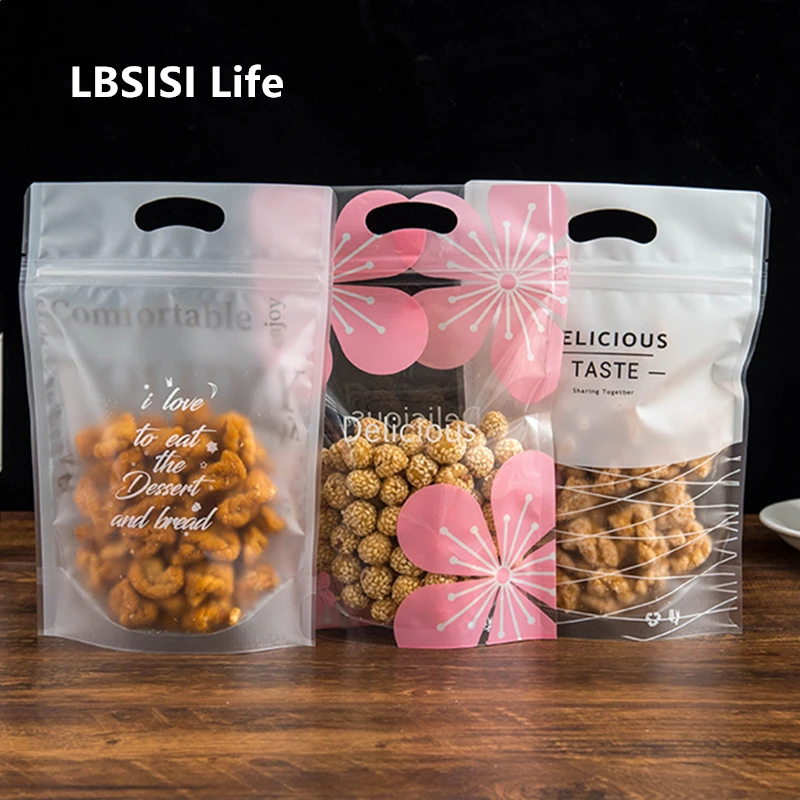 LBSISI Life 10pcs Nougat Candy Plastic Zippe Bags Hand Made Cookie Gift Packaging Self Stand Biscuits Chrismas Wedding Favor Bag