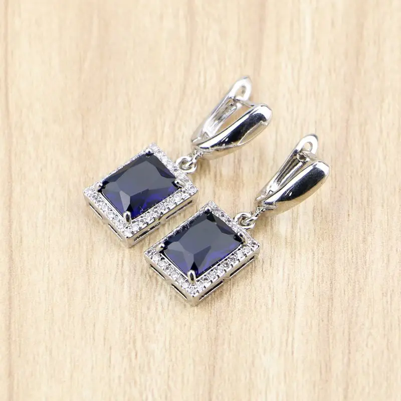 Square 925 Sterling Silver Jewelry Blue Cubic Zirconia Drop Dangle Earrings for Women Free Gifts Box