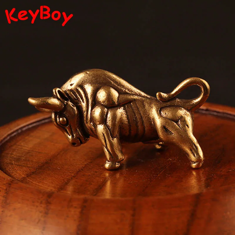 Retro Brass Zodiac Wall Street Bull Lucky Pendant Necklace Pure Copper Animal Bull Car Keychain Hanging Trinket Birthday Gifts