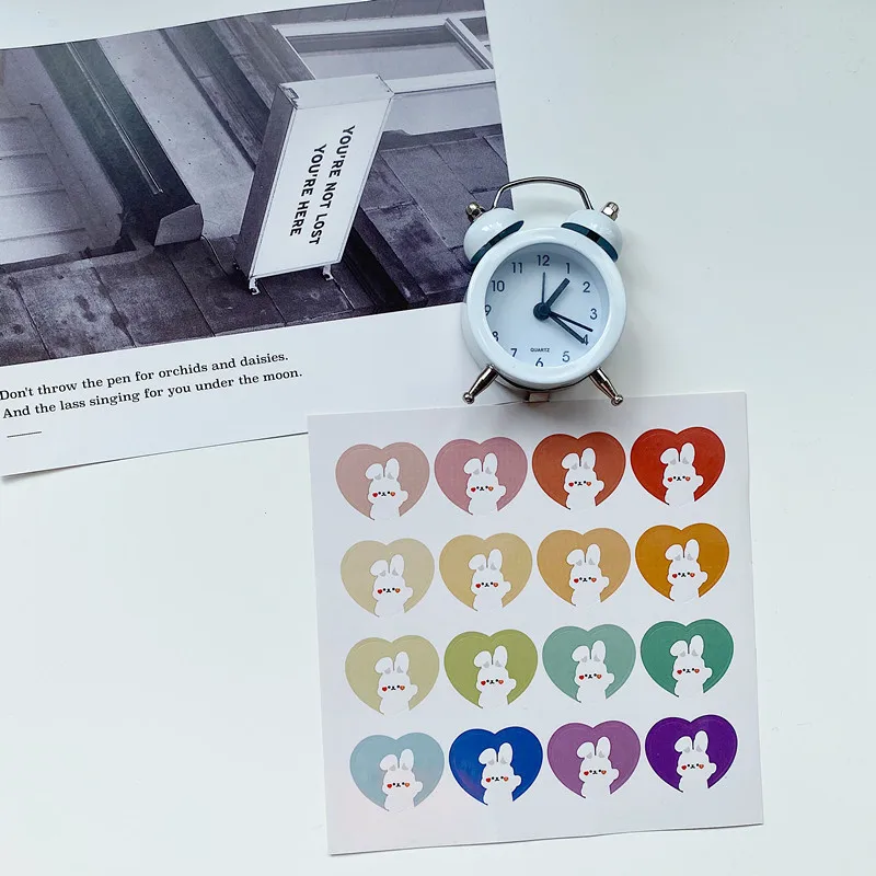 Ins Cartoon Rabbit Bear Cute Stickers Love Shape Color Gradient Seal Paster Stationery Notebook DIY Kawaii Decorative Sticker