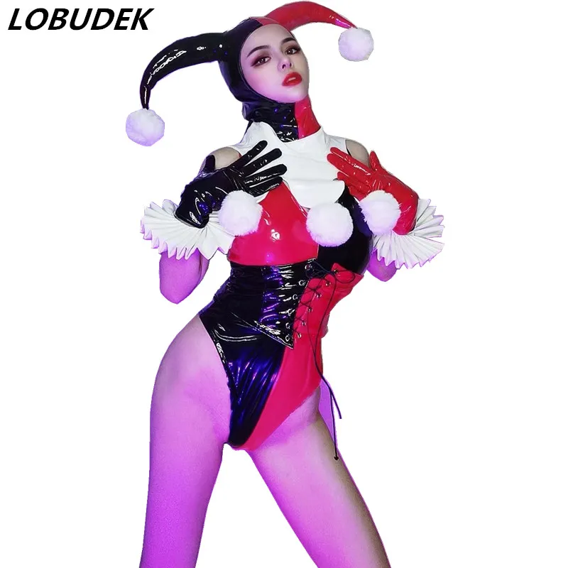 

Party Rave Festival Stage Clown Role Playing Costume Black Red Lacquer Bodysuit Ox Horn Headdress Set Dance Team Show Outfit