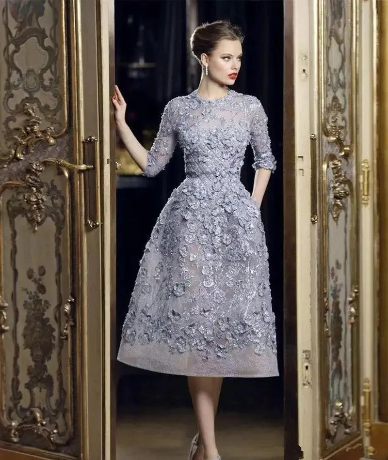 

Tea Length Formal Celebrity Dresses A-line High Collar Half Sleeves Lace Flowers Beaded Evening Dresses Red Carpet Dresses