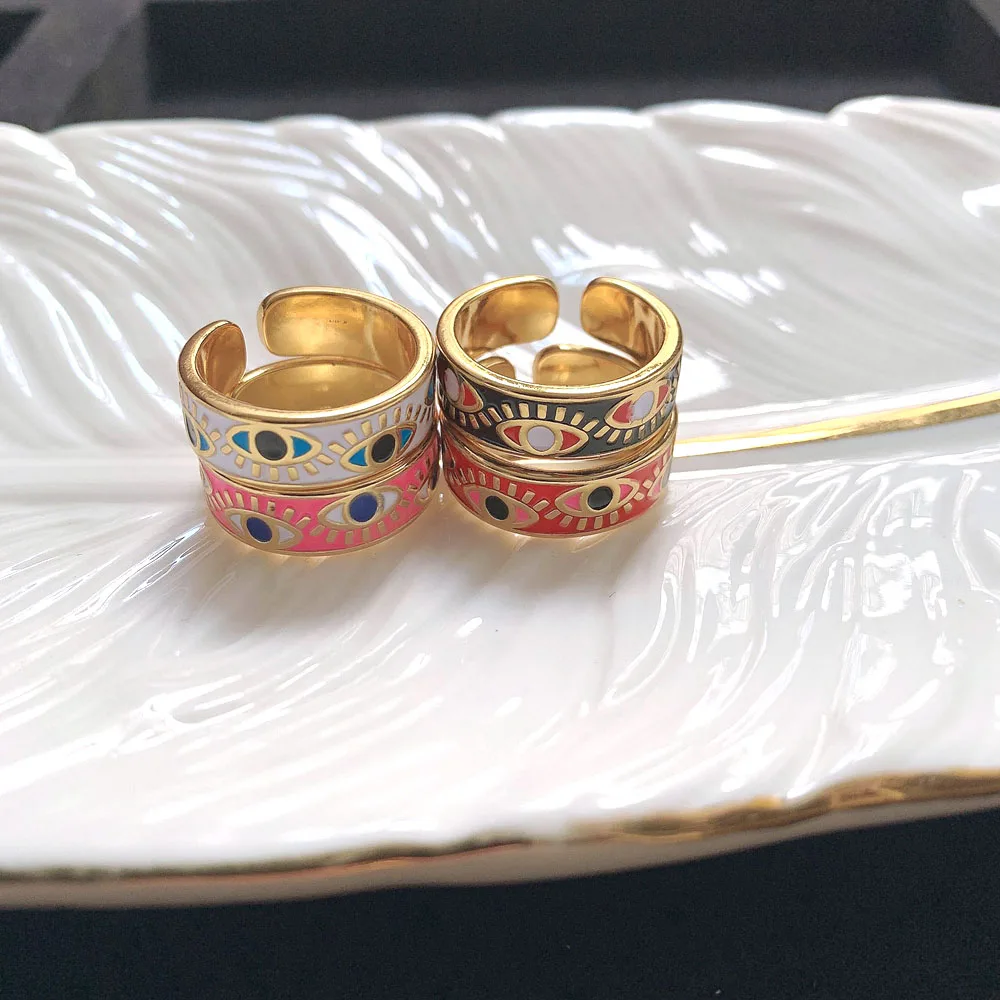 

10 шт., белые, розовые, синие, эмалированные, с гравировкой, милые турецкие кольца от сглаза, широкие кольца золотого цвета Eternity Band для женщин, падение