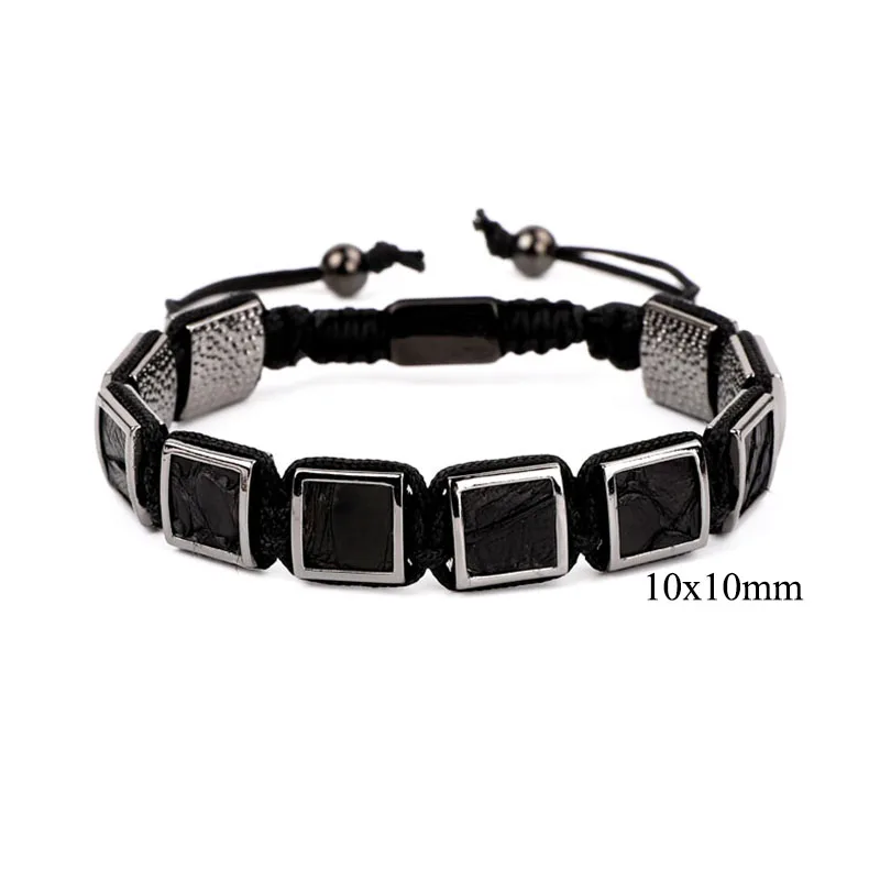 Unique Design High Quality Black Snake Leather Brass Square Beads Woven Macrame Bracelet For Men Women