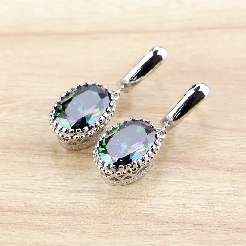 Natural Oval Mystic Rainbow Zircon Dangle Earring 925 Sterling Silver Jewelry Drop Crown Earrings For Women Dropshipping