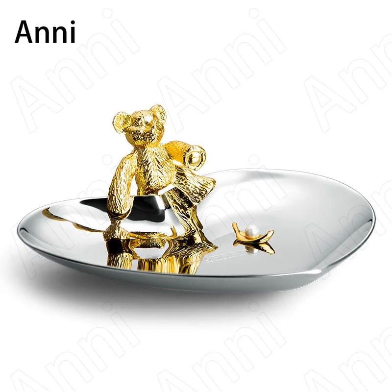 Gilded Bear Decorative Jewelry Trays European Modern Silver Plated Stainless Steel Necklace Ring Earring Hand Watch Storage Tray