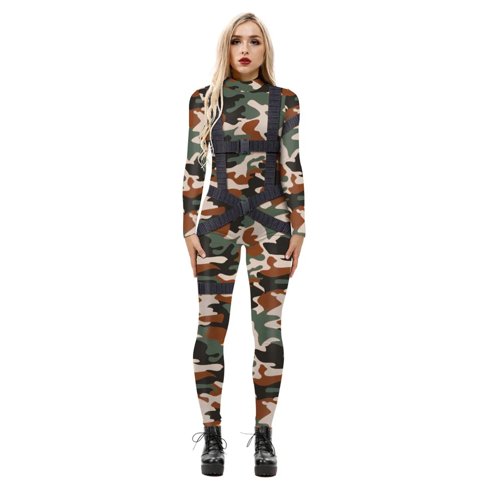 FCCEXIO Camo pasy kombinezon z nadrukiem z długim rękawem Sexy kobiety obcisły kombinezon Party Series Cosplay elastyczne body 3D