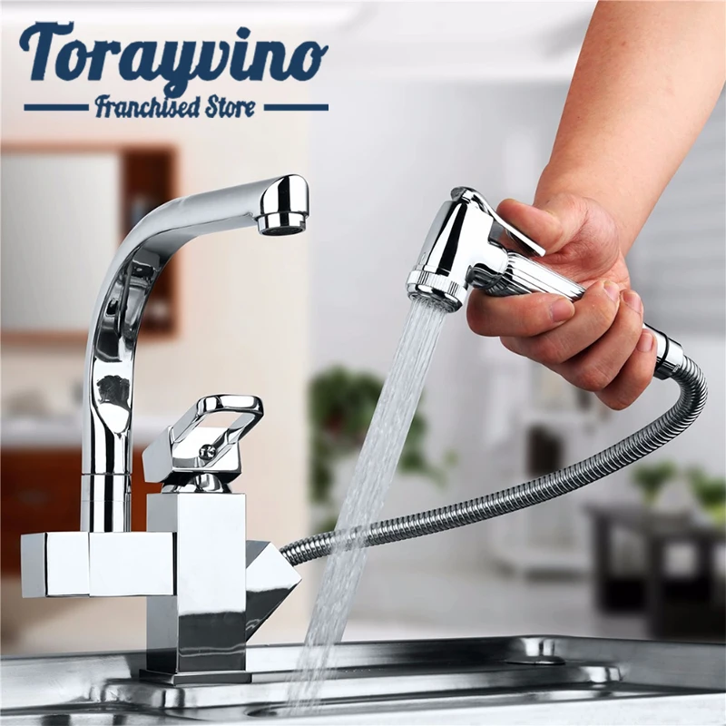 

Torayvino Kitchen Sink Faucet Brass chrome Mixer Tap With Pull Out Spray Swivel Spout Chrome Deck Mounted Kitchen Sink Faucets