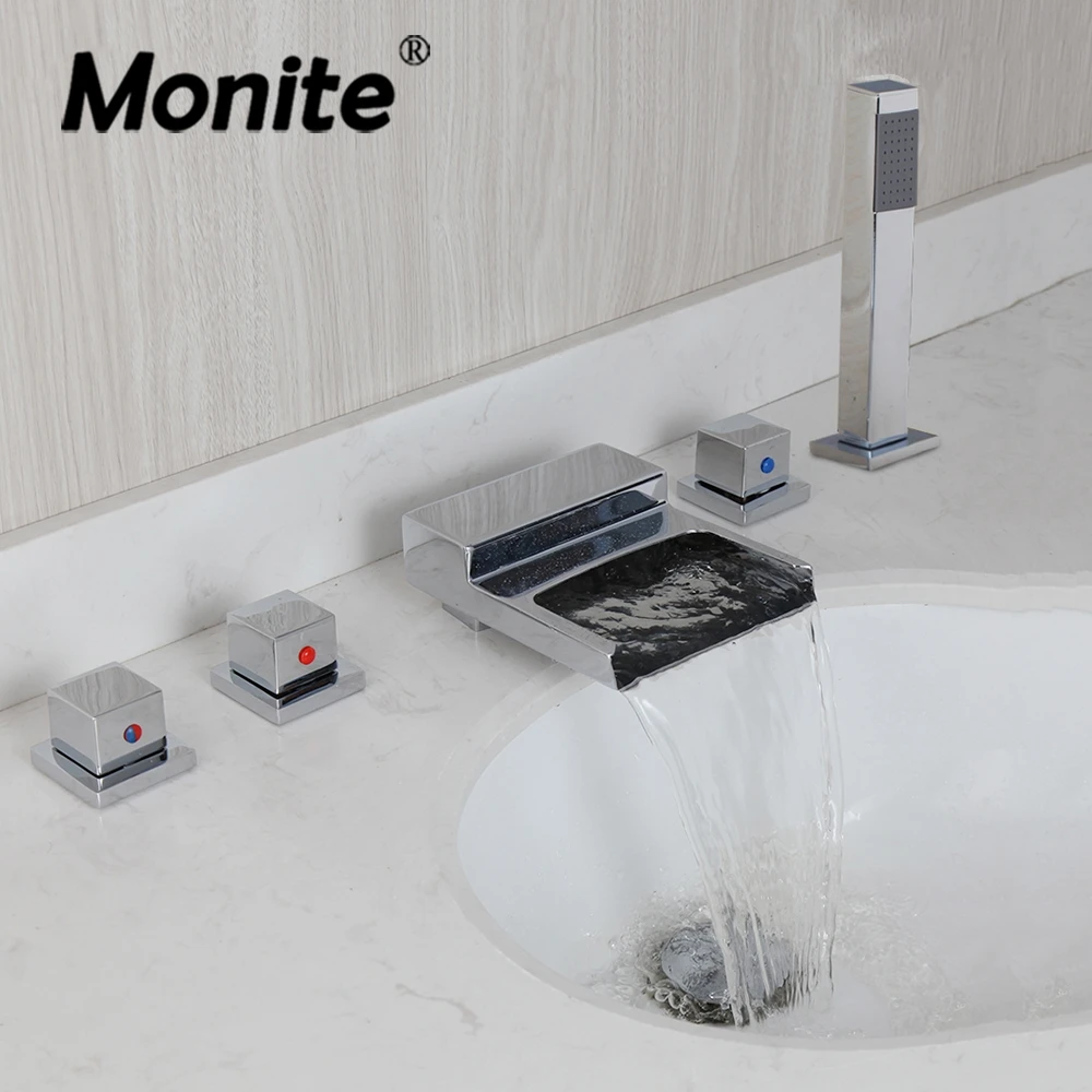 

Monite Solid Brass 5 Pcs Bathtub Sink Faucet Chrome Polished Bathroom Basin Hand Shower Faucet Set Deck Mounted Hot & Cold Mixer