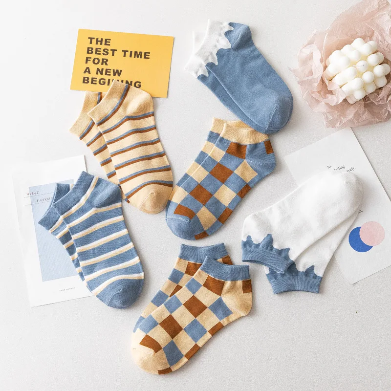 Ankle Socks Women Elegant Cotton Plaid Stripe Pattern Patchwork color Blue White Short Sock Casual Hajuruku Streetwear Cute Sox image 3