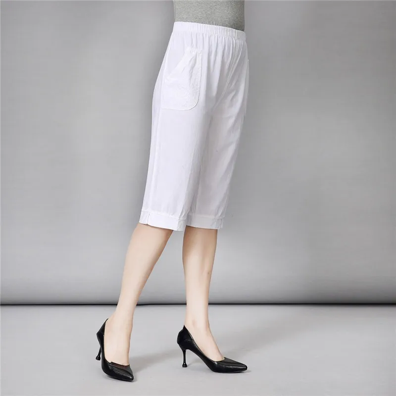 Summer Women Cropped Pants Middle-aged Lady Elastic Waist Loose Casual Pants Cotton Thin Female Sweatpants
