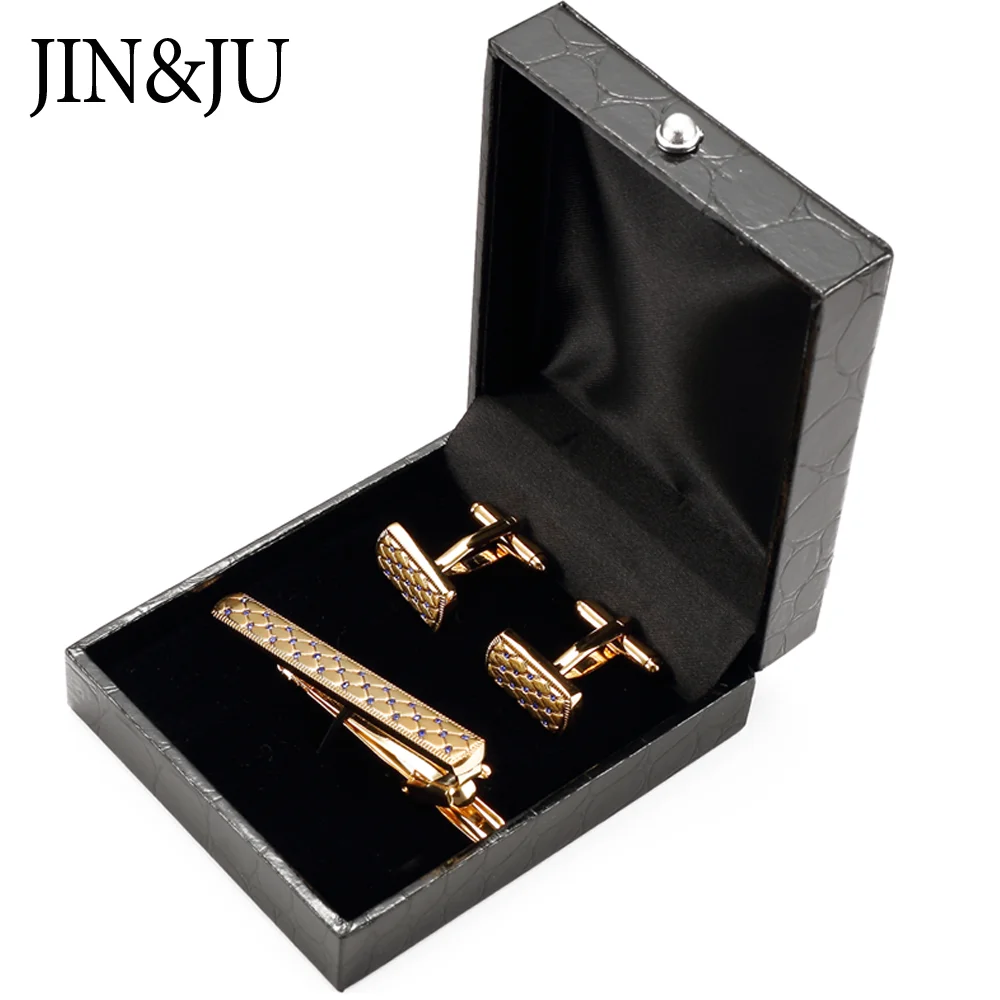 JIN&JU Square Blue Crystal Cufflinks For Mens Luxury Quality Gold Color Party Cuff Buttons Fashion Jewelry Relojes Gemelos