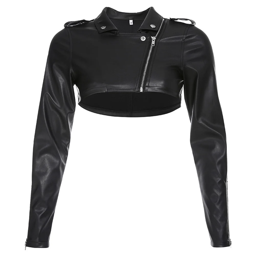 

Chic Punk Women Jacket Diagonal Zip Cuff Buttons Decor Micro Motorcycle Jacket Biker Faux Leather Girl Short Jacket