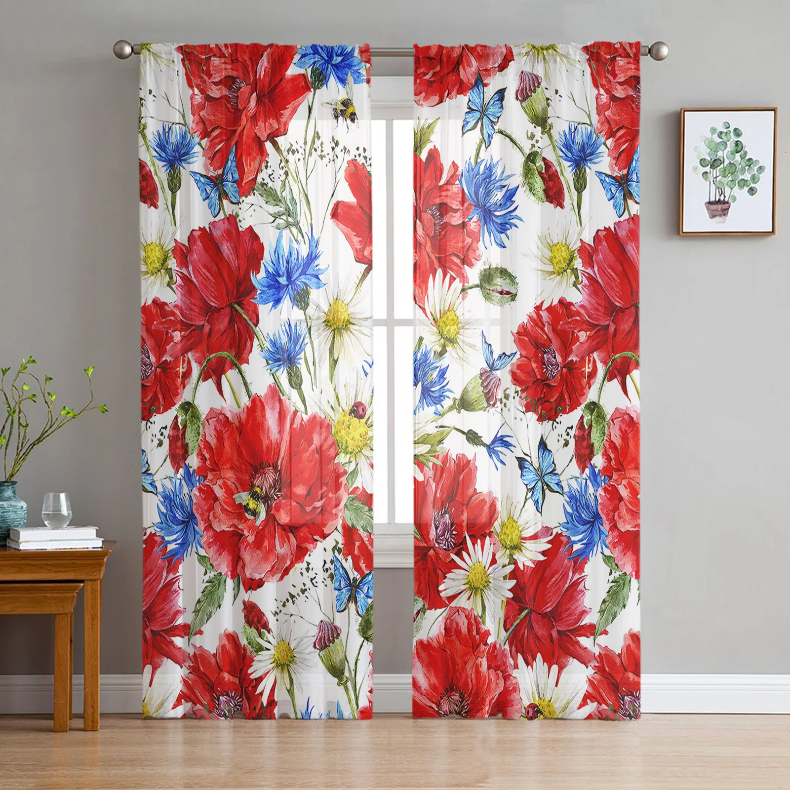 Red Poppy Daisy Flower Modern Curtain For Living Room Transparent Tulle Curtains Window Sheer For The Bedroom Accessories Decor