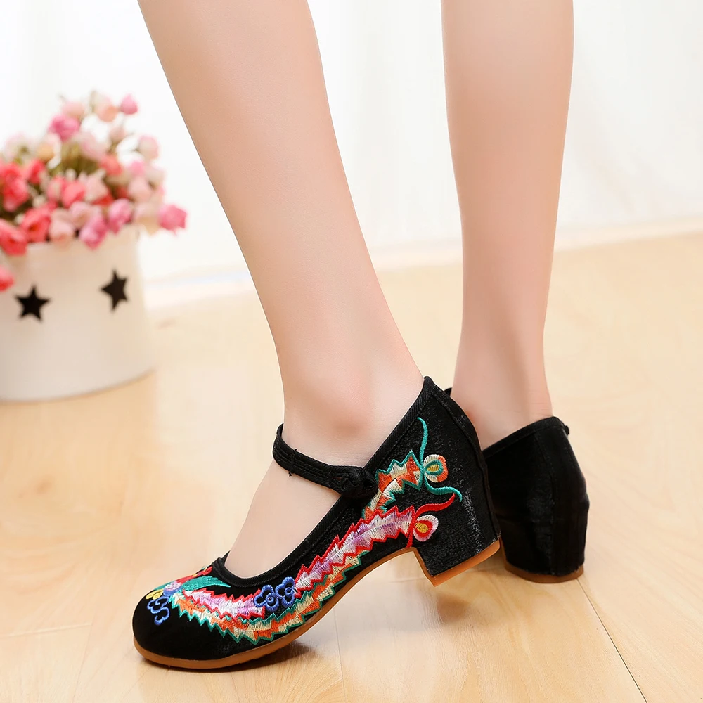 Veowalk Phoenix Embroidered Women Canvas Block Heel Shoes Instep Strap Elegant Ladies Retro Chinese Cheongsam Matched Pumps