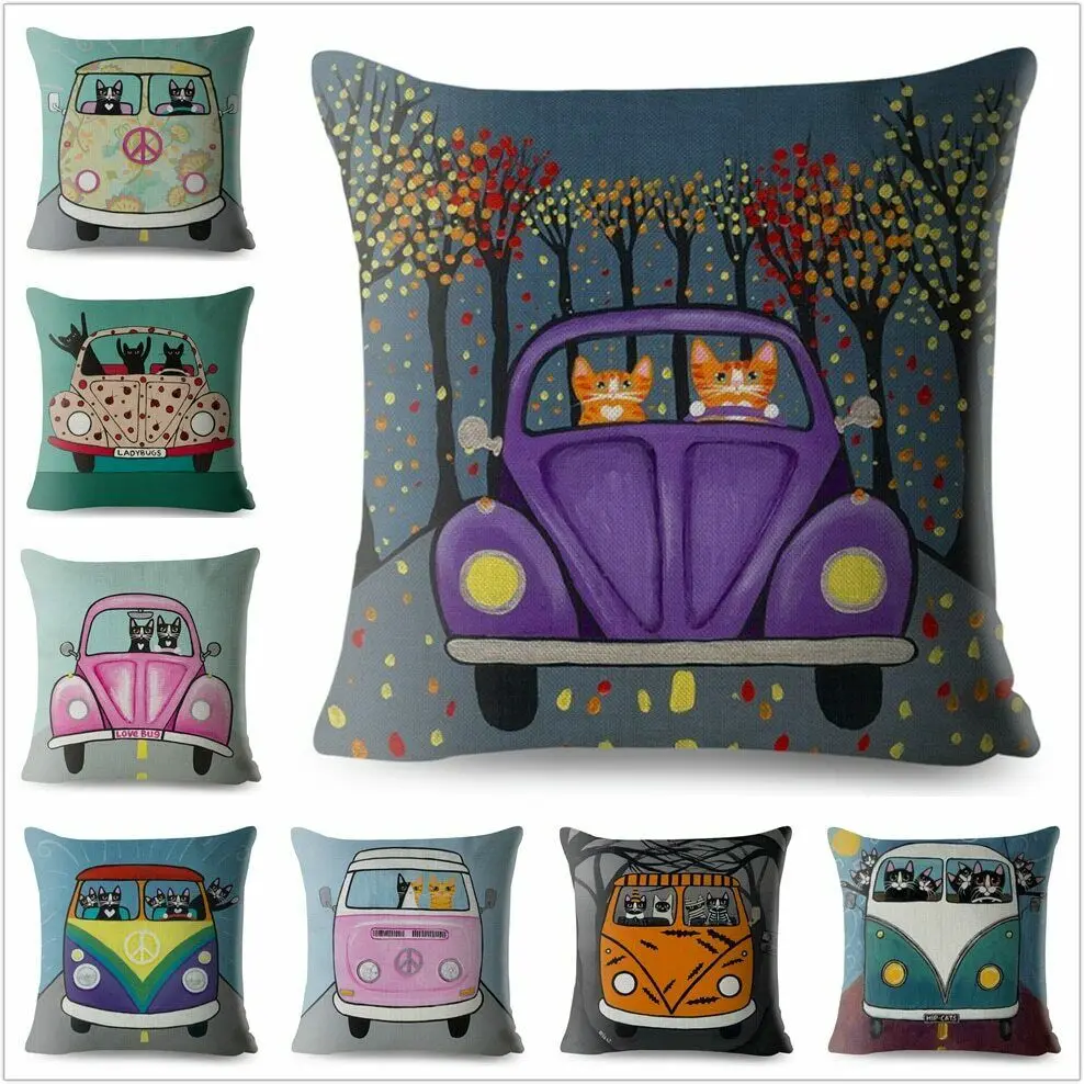 Ryan Conners Cute Cartoon Drive Car Cat Print Cushion Cover Case Home Decor