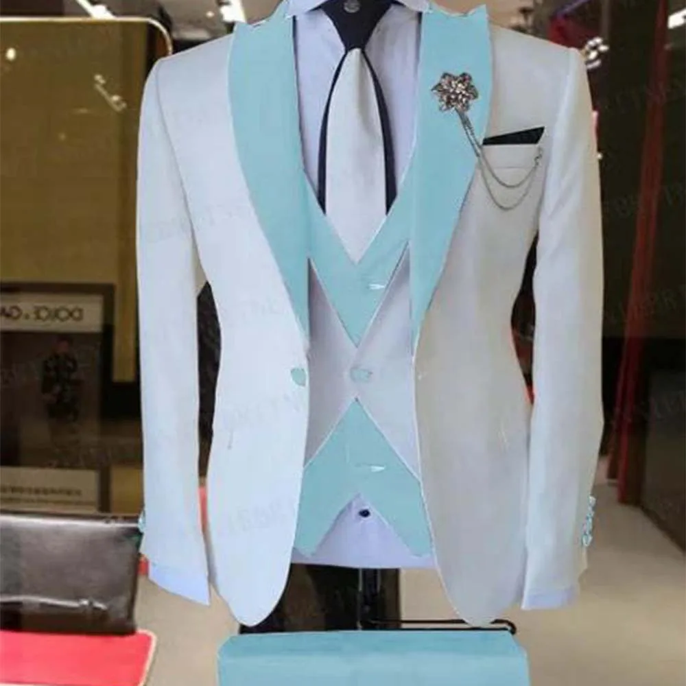 

White Blue Blazer Trousers Men's Suits 3Pcs Custom Made Terno Slim Groom Wedding Party Wear Masculino(Jacket+Pant+Vest+Tiebow)