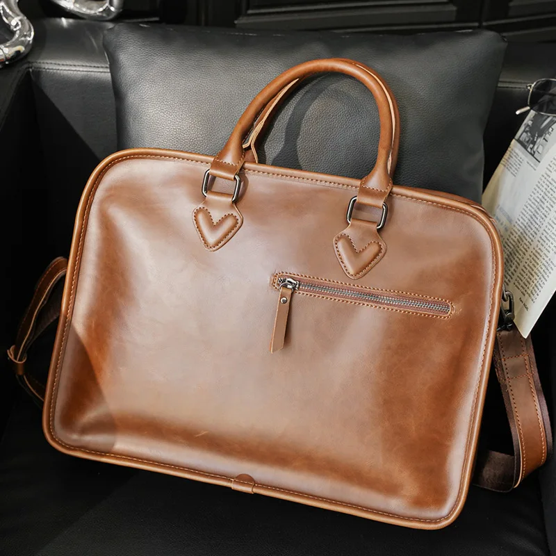 Luxury Crazy Horse Leather Briefcases Men Shoulder Messenger Bag Large-capacity Men's Handbag Business Briefcase Laptop Bag 2021