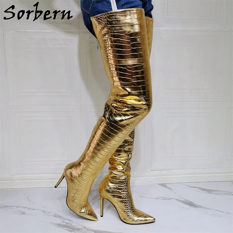 Sorbern Gold Alligator Styles Thigh High Boots Ladies High Heel Stilettos Pointed Toe Long Unisex Boot Custom Wide Or Slim Fit