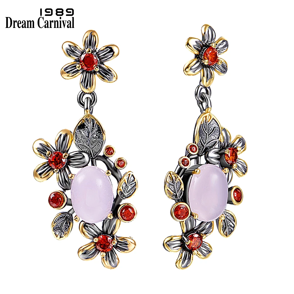 DreamCarnival1989 New Baroque Drop Earrings for Women Pink Opal Orange Zircon Feminine Flower Elegant Engagement Jewelry WE4033