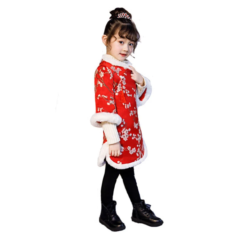 Robe chinoise rouge pour filles, nouvelle collection hiver, vêtements de nouvel an pour enfants, Hanfu cheongsam, qipao