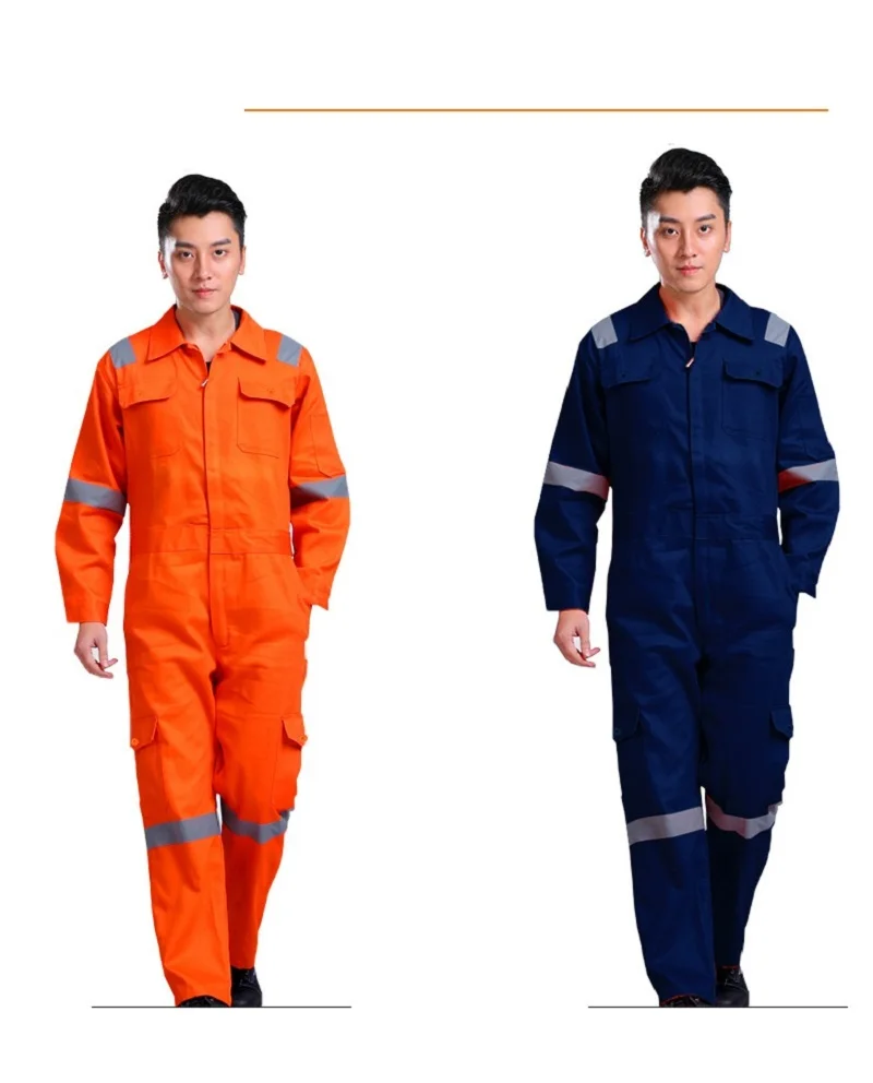 Men Work Uniforms Hi Vis Overalls Workwear Safety Reflective Tapes Blue Orange Workwear Workshop Mechanical Working Coveralls