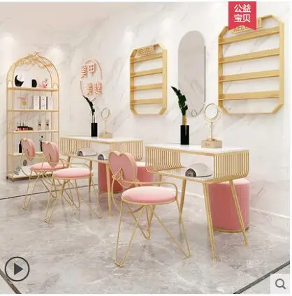 Web celebrity wind marble nail table and chair set single person double layer gold iron simple nail table nail table