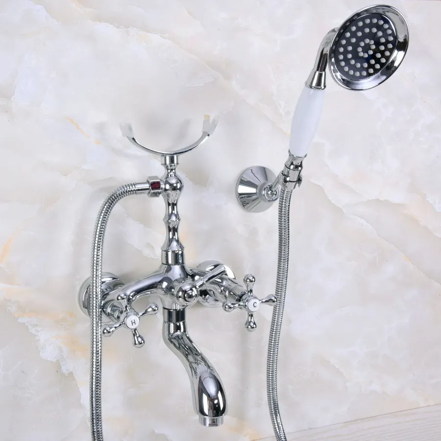 

Wall Mounted Polished Chrome Clawfoot Bathtub Faucet telephone style Bath Shower Water Mixer tap with Handshower zna232