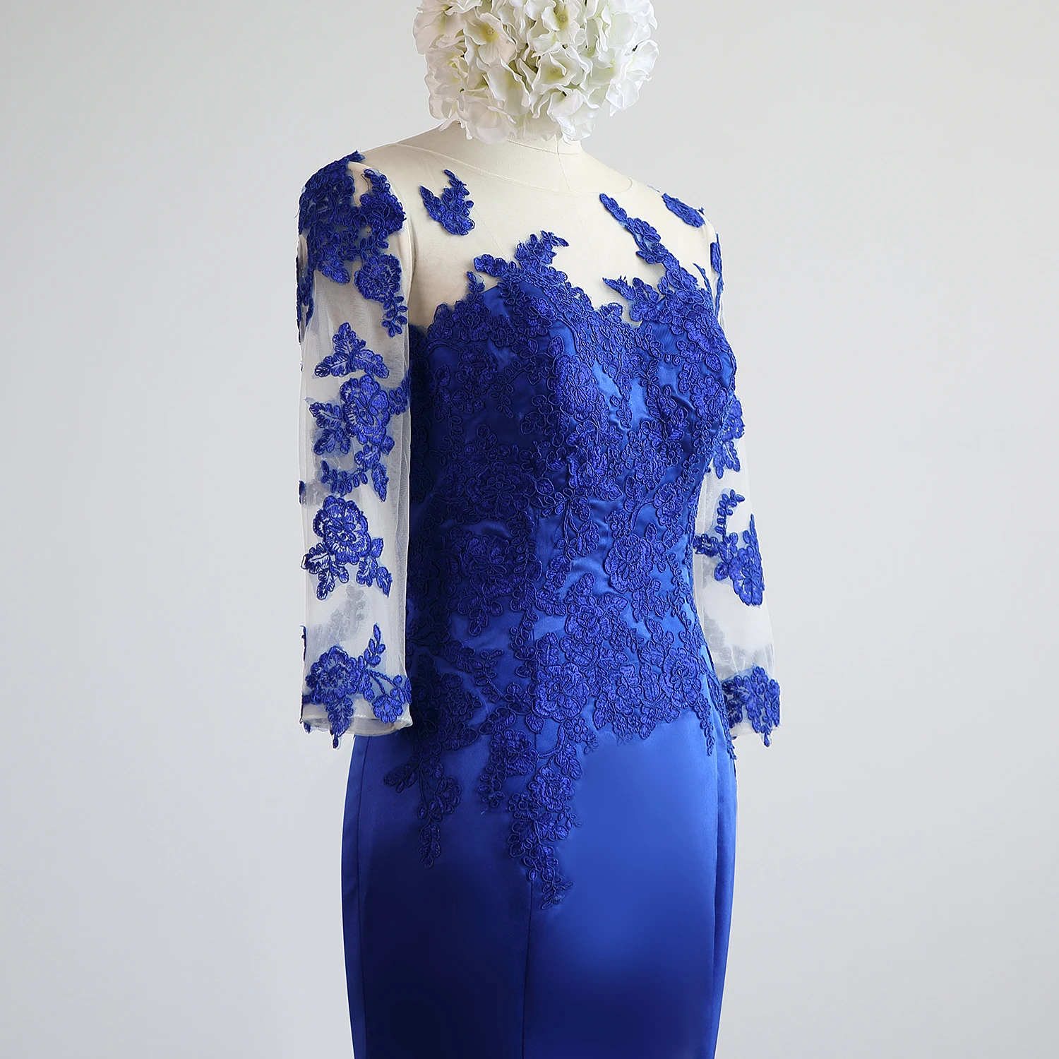 Royal Blue Satin Lace  3/4 Sleeves Floor-Length Mermaid/Trumpet Mother Of The Bride Dresses Custom Made