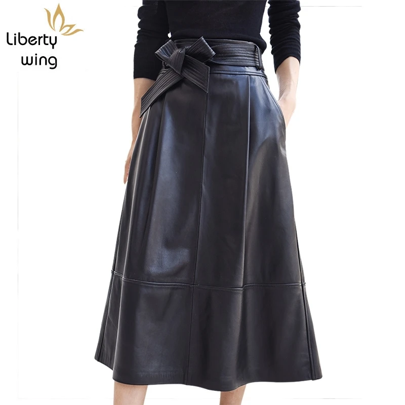 2020 New Fashion Women Skirts Female Genuine Leather Sheepskin Saia Falda Bow With Belt Knee Length Skirt Office Lady Plus Size