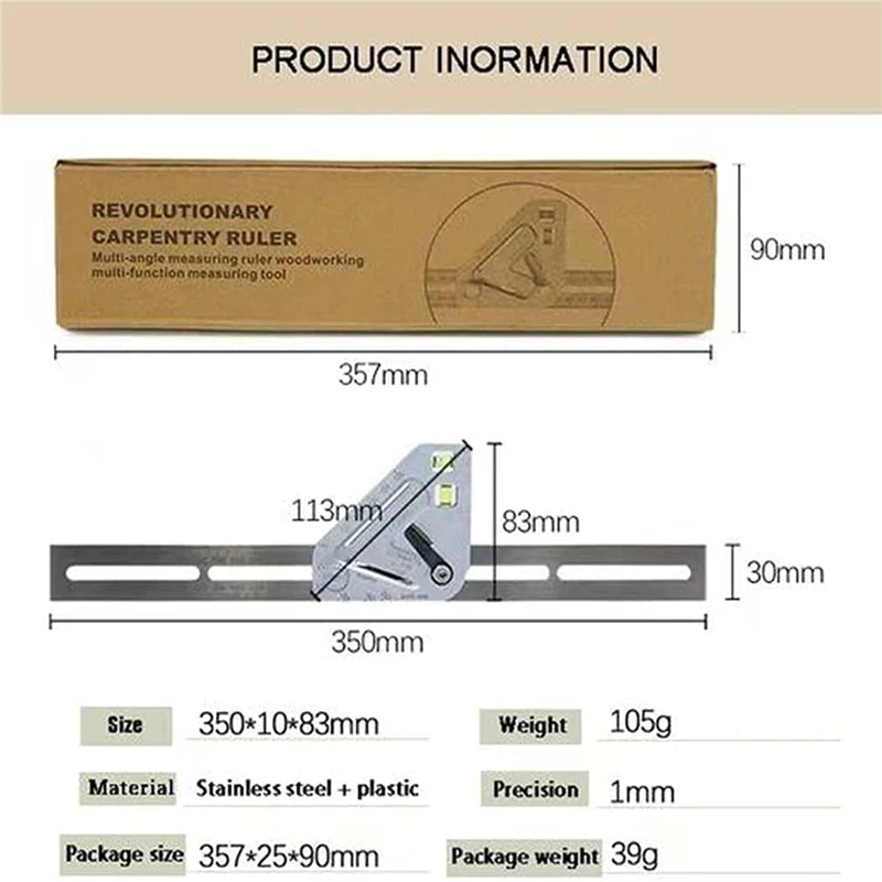 Revolutionary Carpentry Ruler Angle Ruler Multifunctional Woodworking Triangle Level T Ruler with 2 Bubbles Measuring Tool