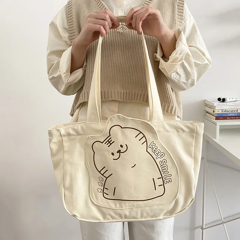 Women Canvas Shoulder Bag Cute Little Tiger Books Bag For College Girl Large Capacity Shopping Bag Cotton Cloth Fabric Big Tote