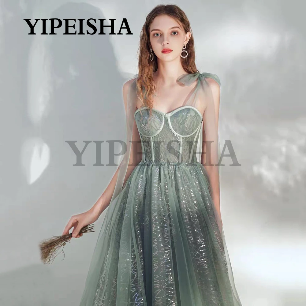 Vestidos de noche con lentejuelas brillantes, escote Corazón, Espalda descubierta, tirantes finos, verde salvia, para fiesta de graduación