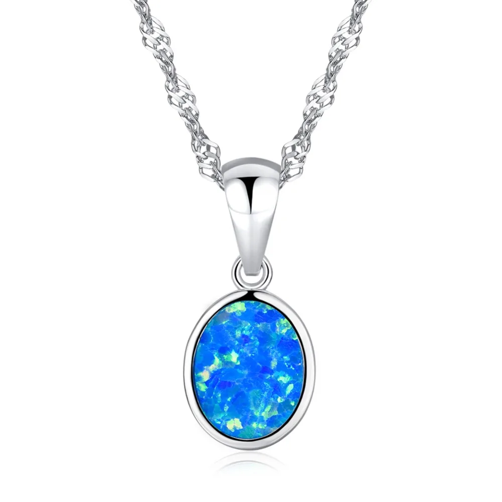 CiNily  Minimalist Silver Plated Fire Opal Pendant White Blue Oval Stone Geometry Charm Korean Jewelry Gift for Women Girl