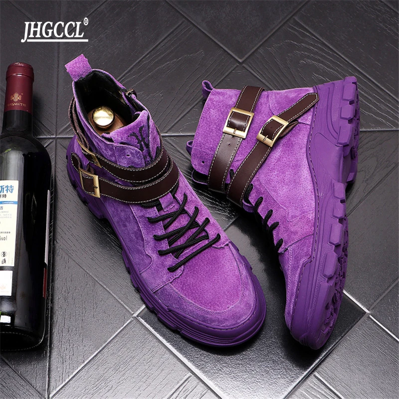 

NEW purple Fashion Nubuck Leather Men's Shoes Purple Punk Motorcycle Ankle Boots Zapatillas Hombre A1