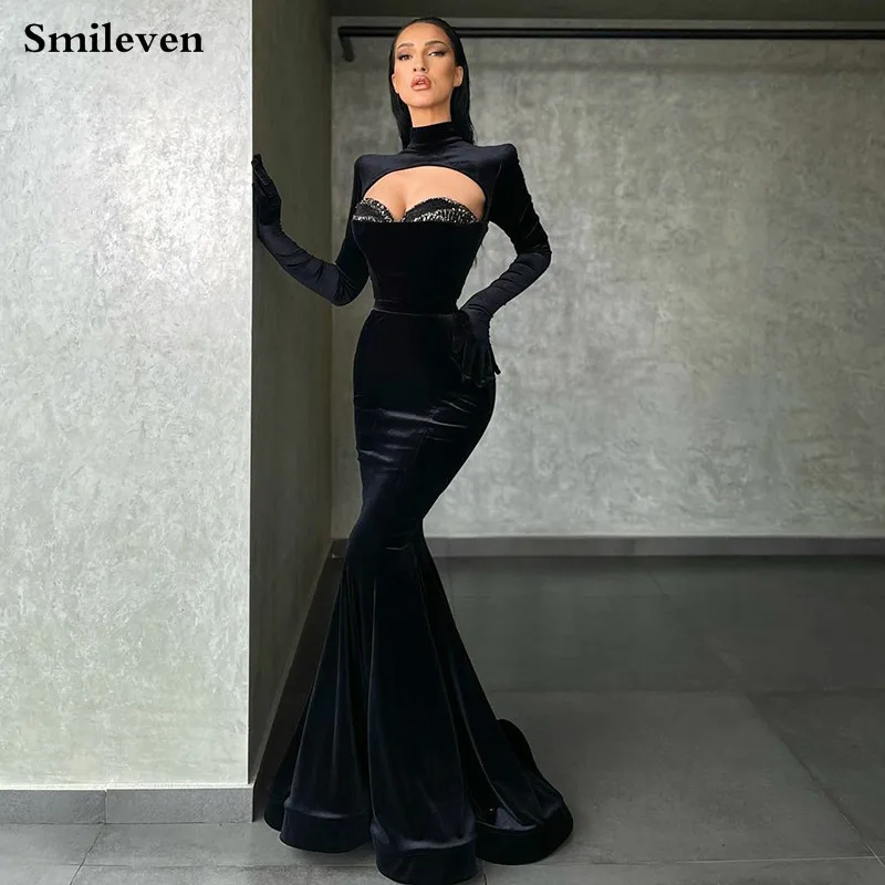 

Smileven Sexy Black Velvet Mermaid Evening Dress High Neck Long Sleeve Party Dresses Robe De Soirée De Mariage Prom Gowns